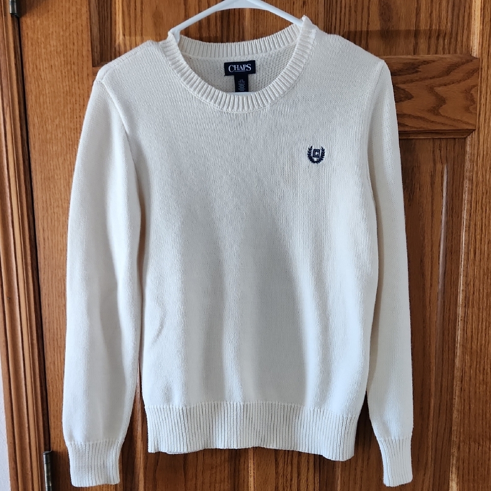 Chaps Ivory Knit Crewneck Sweater with Navy Emblem Boys L/G (14/16) 100% Cotton